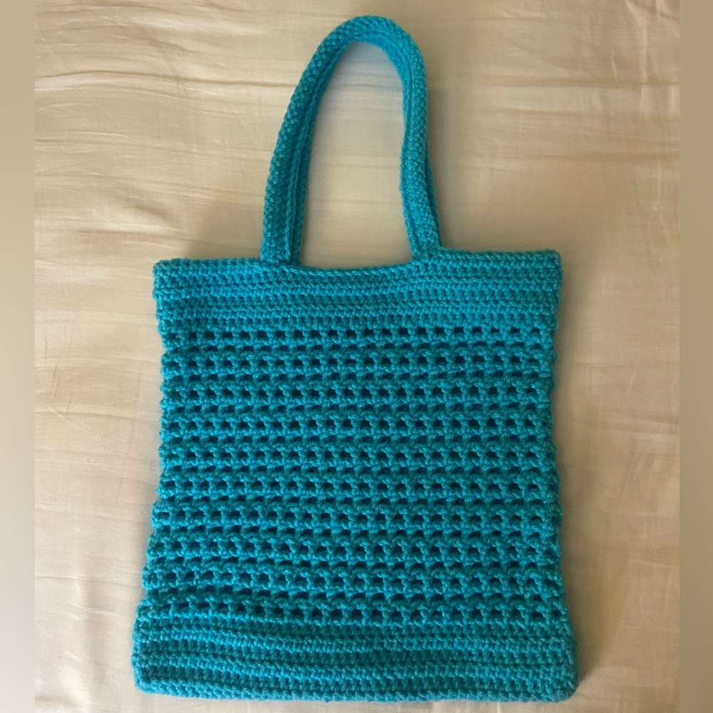Small Crochet Teal Mesh Tote Bag